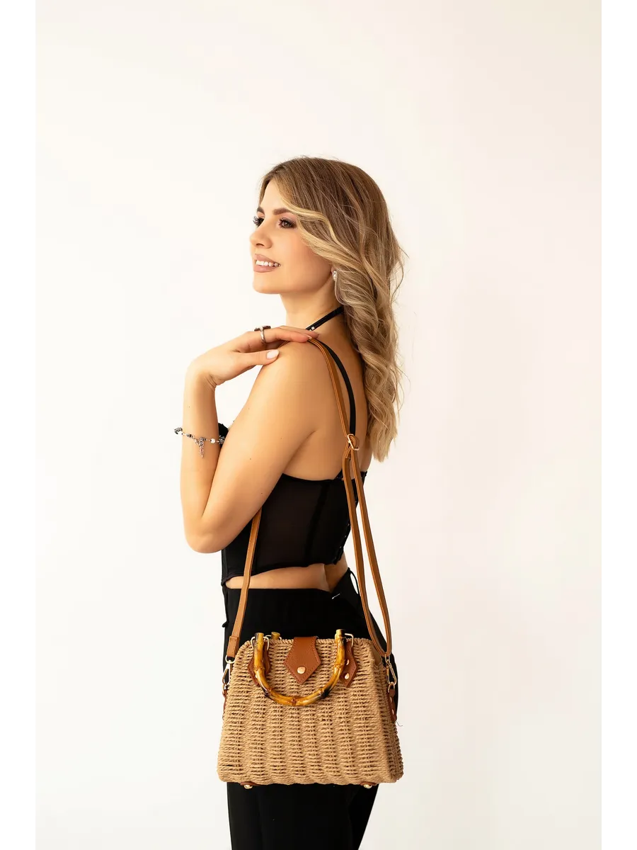 Chic Straw Bag with Bamboo and Crossbody Strap