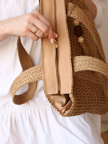 Raffia Tote Bag with Tassel Detail